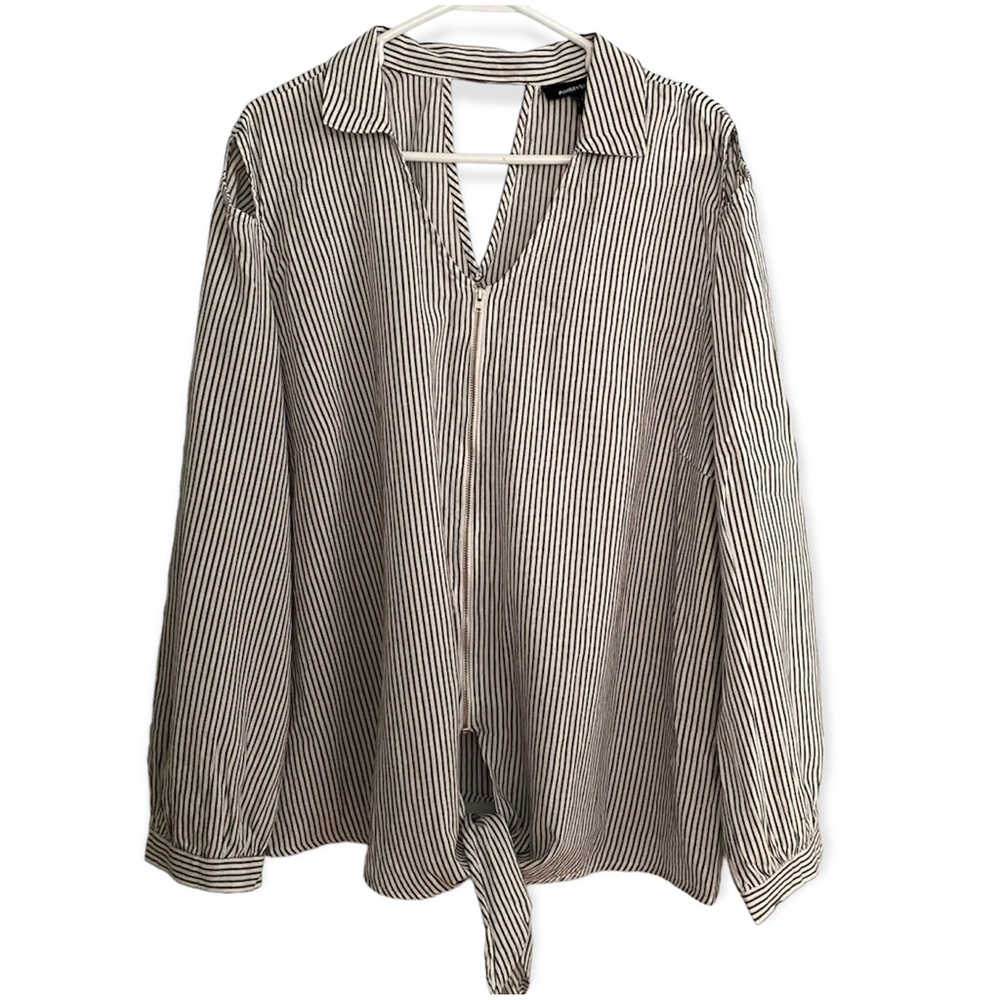 Ashley Stewart Pinstripe Waist Tie Blouse